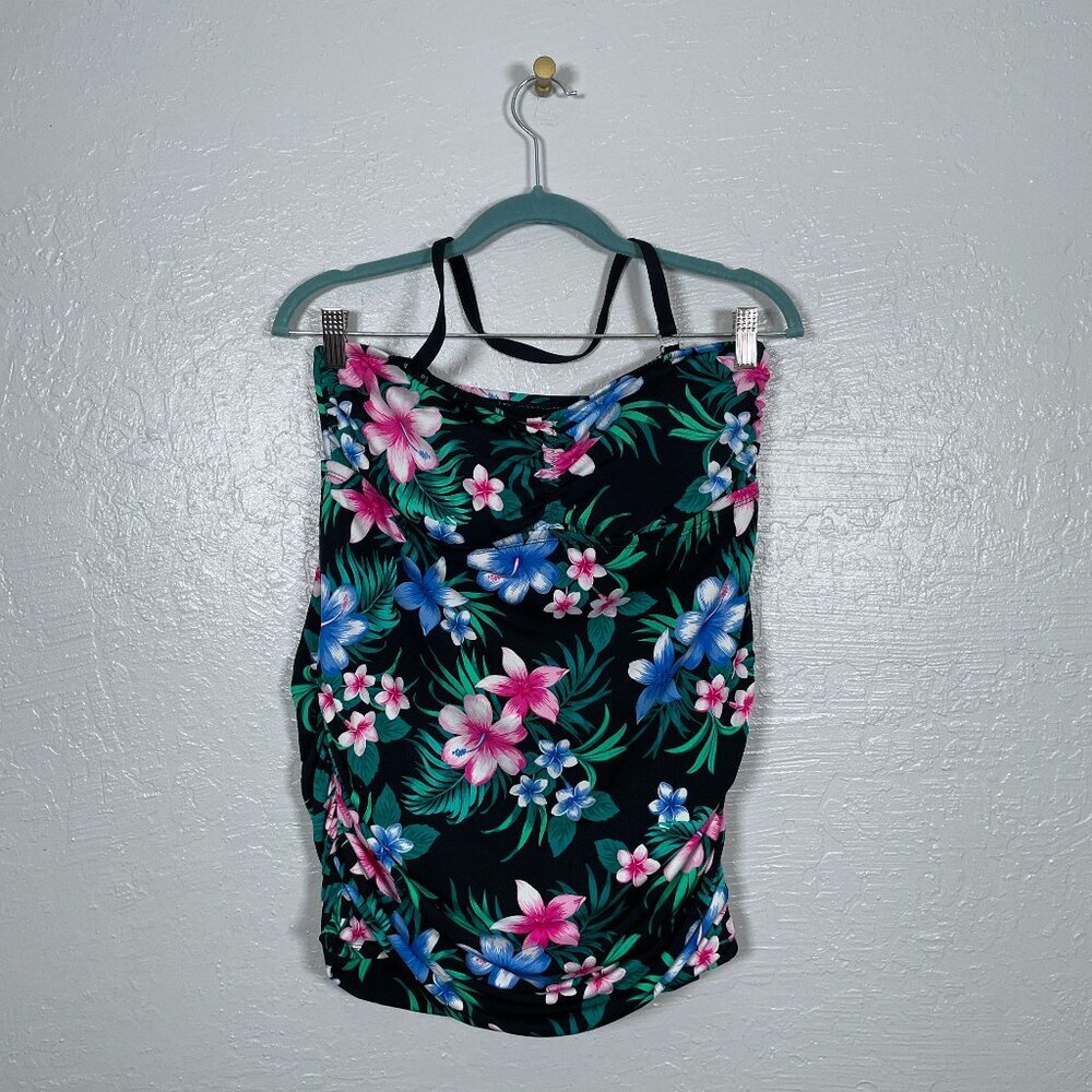 Catalina Women Plus Size 1X Black Floral One Piece Swimsuit Halter Padded Cups